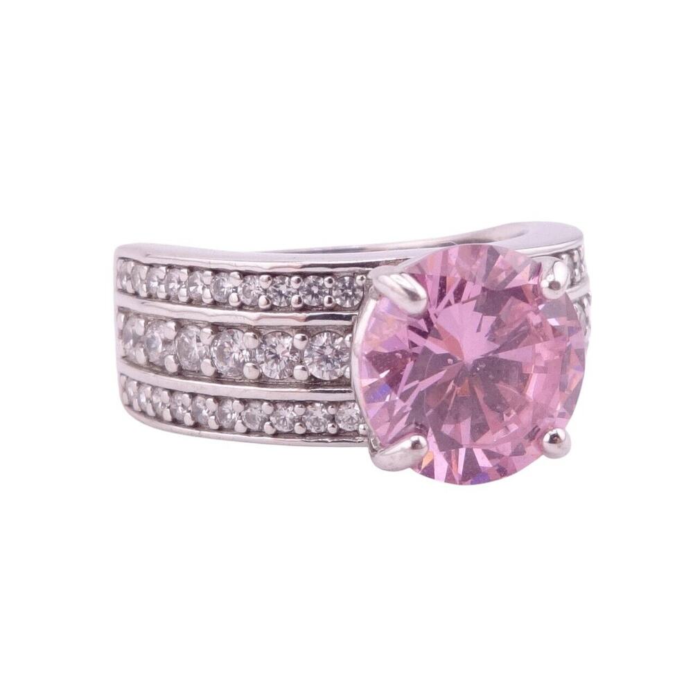 Round Pink Solitaire 3 Rows Clear Cubic Zirconia Silvertone Ring - Size 8 NWOT